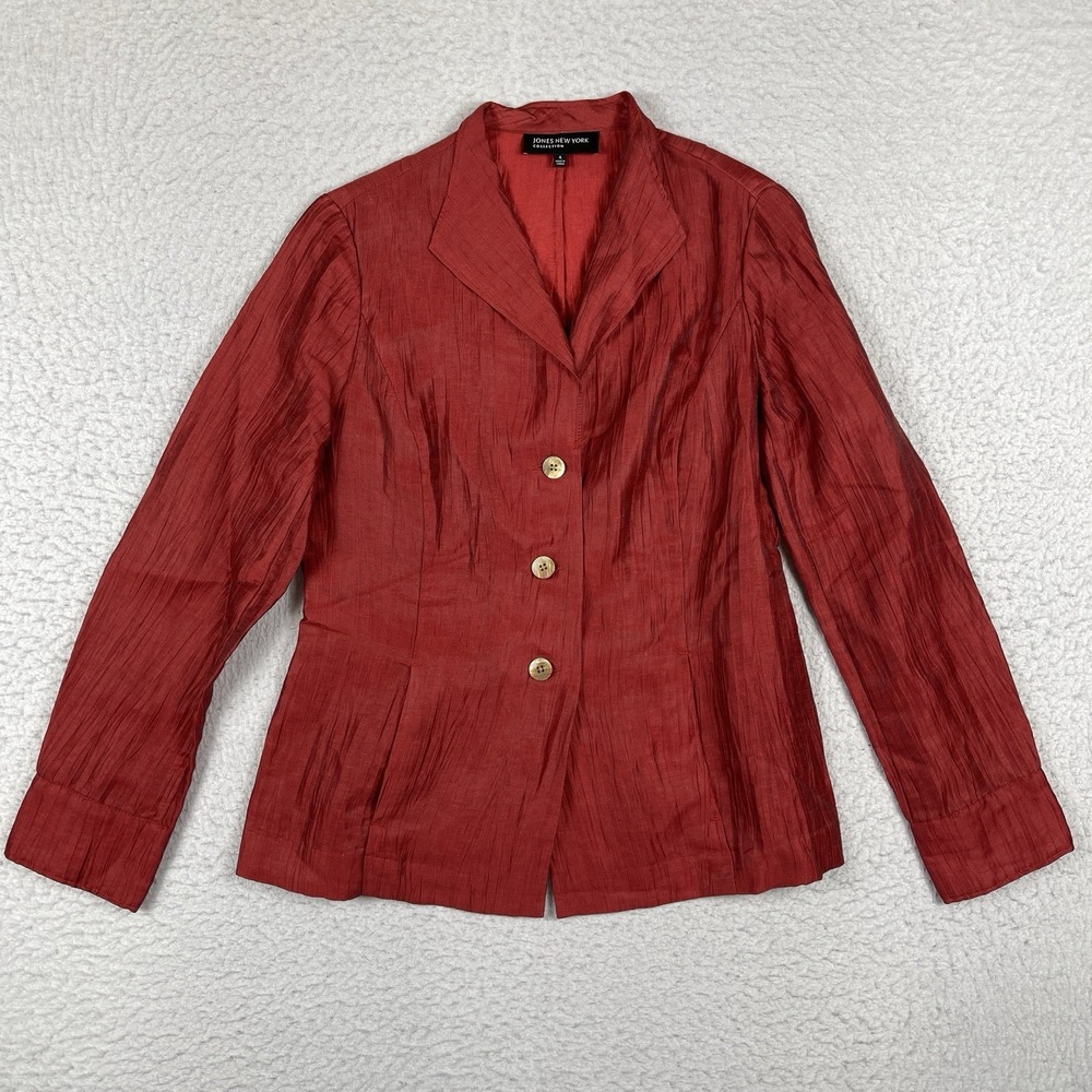 Jones New York Blazer Womens 4 Red Crinkle Linen Blend Career Casual Evening Out